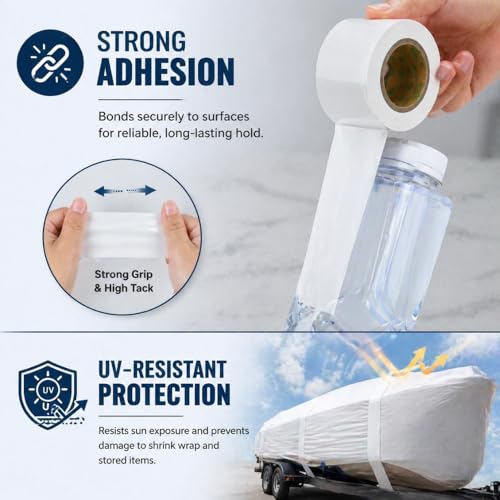 Mr. Shrinkwrap Shrink Wrap Film UV Preservation Tape, Clear Polyethylene with Synthetic Rubber Clear Adhesive Backing, Roll of 6” Wide x 108’ Length, White