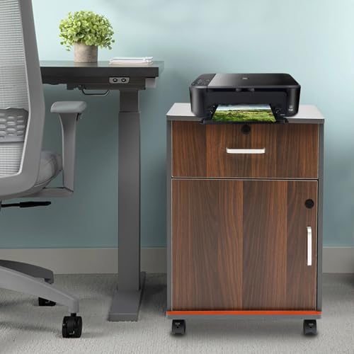 haedspup 2 Drawer File Cabinet with 24'' Extended Desktop, Mobile Filing Cabinet, Rolling File Cabinet with Side Bag, Fabric Drawer, Fits A4/Letter Size, Printer Stand Home Office, Light Brown