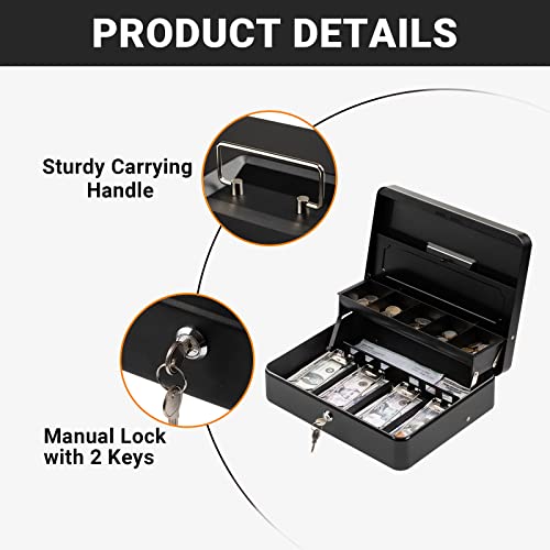 Tera Cash Box with Key Lock: Anti Theft Safe Lock Box with Money Tray 4 Bill 5 Coin Inner Tray 11.8" x 9.4" x 3.5" Large Capacity Rounded Corners for Small Businesses Yard Sale Home KL380