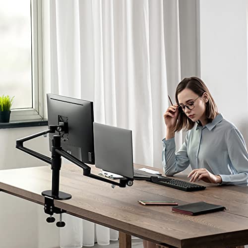 Monitor Mount Adjustable Dual Arm Desk Mounts LCD Monitor and Laptop Mount Single Desk Arm Holder for 17"-32" Screens, Extra Tray Fits 12"-17" Laptops Monitor Arm Stand (Color : Silver)
