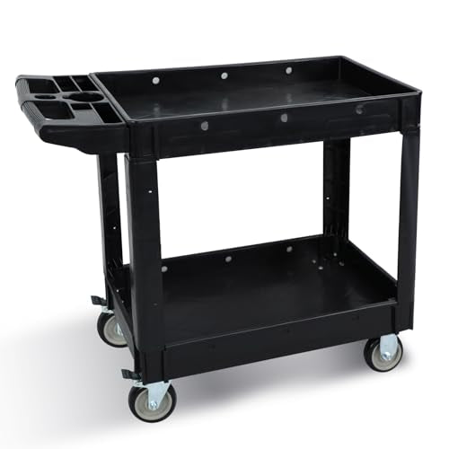 Tooremine Utility Rolling Tool Cart, 40 x 17-Inch Plastic Rolling Carts Huge Storage W/Deep 2-Shelf Heavy Duty Service Carts with Wheels,550 lbs Capacity Organizer for Garage,Warehouse,Workshop-Medium