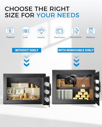 GTPLAYER Safe Box 0.44 Cubic Feet for College Dorm Room with Electronic Keypad and Fingerprint, Shelf, Wall Mount Kit, Hidden Home Safe for Money, Jewelry and Passport