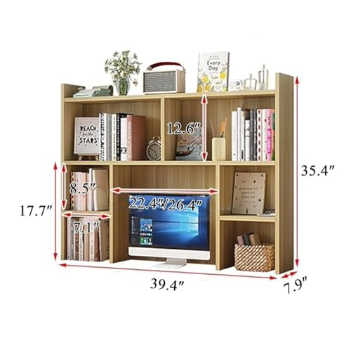 White Wooden Desk Hutch with Storage, Freestanding Desktop Bookshelf and Organizer Rack for Home Office, Dorm, and Study Desk, Ideal for Books, Supplies, and Decorations,White,39.4″×7.9″×35.4″