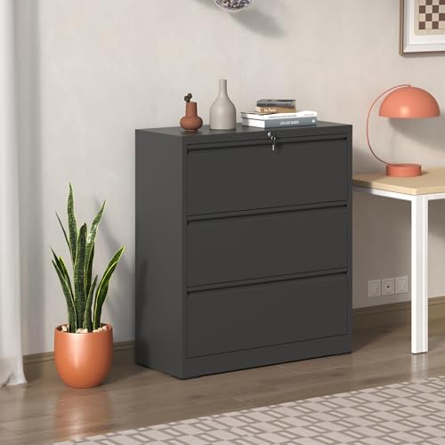 ASKVDL 3 Drawer Metal Lateral File Cabinet with Lock, Black