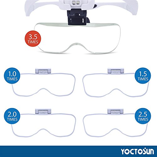 YOCTOSUN Magnifying Glasses with Light, LED Head Magnifier with 5 Lenses, Headband, Storage Case, Hands Free Lighted Head Magnifying Visor for Close Work Hobby Crafts