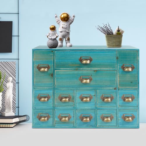 BYOIPLOI Apothecary Cabinet Desk Drawer Organizer, Wooden Storage Box w/14 Drawers Rustic Shelf Drawer, Home Office Desk Organizer Curio Cabinet Library Card Catalog Cabinet for Home (Blue)