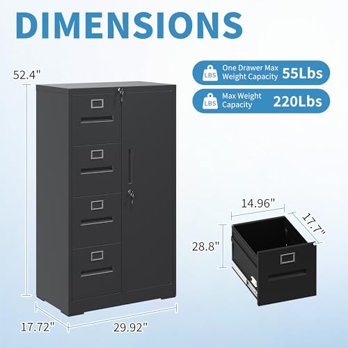 EKJ 4 Drawer File Cabinet with Lock & 1 Door, Metal Storage Unit with Shelves and Hanging Rod, Vertical Filing Cabinet for Home Office, Fits Letter/Legal/A4/F4, Easy Assembly (Black)