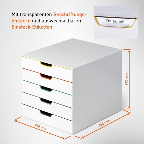 Durable Varicolor 5 Drawer Unit - White Desktop Drawer Set with 5 Color Coded Draws - Letter to Folio Size Files - Perfect for Storing Documents and Paper Work