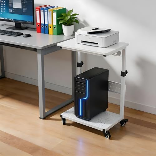 LALFPET Adjustable Height Rolling Computer Stand, 2-Tier Mobile CPU Tower & Printer Cart - Wood Top/Metal Frame - Wheels - Under Desk PC Holder, White