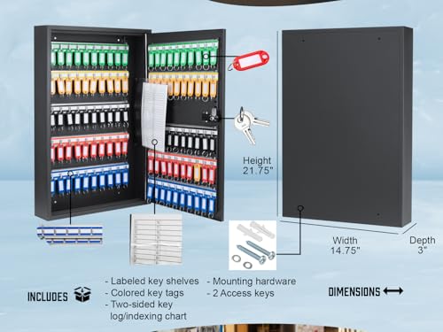 Barska 100 Position Combination Key Lock Box – Wall Mount Steel Key Cabinet with 4-Digit Lock, Numbered Hooks, Key Tags & Index Log for Office or Business - Key Cabinet Wall Mount Key Locker
