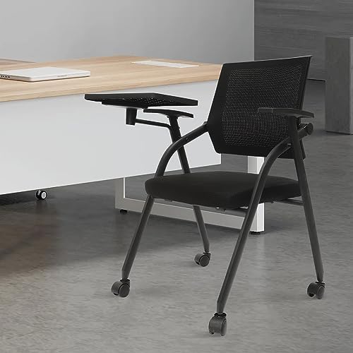 Zetiydrraq Office Conference Room Chair, Foldable Office Chairs with 4 Wheels with Tablet, Chair Mesh Guest Nesting for Schools, Meeting Rooms, Conference Halls, Guest Halls, Black