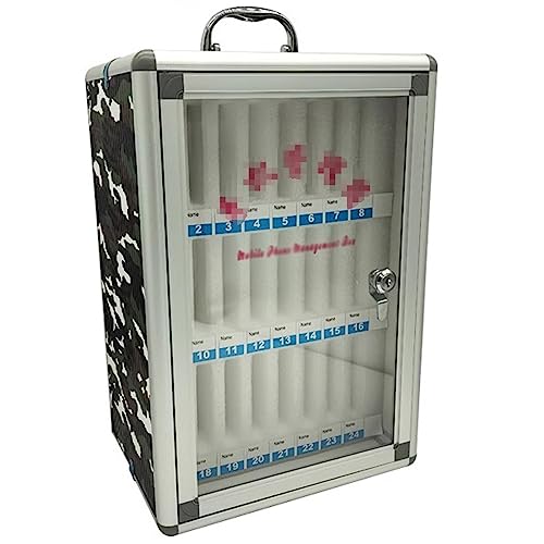 FENOKD 12/24/32/48/60 Slots Aluminum Alloy Pocket Chart Storage Cabinet for Cell Phones,Camo Style with A Locked,Can Be Carried by Hand, Wall-Mounted (Silver 24)，Silver-24