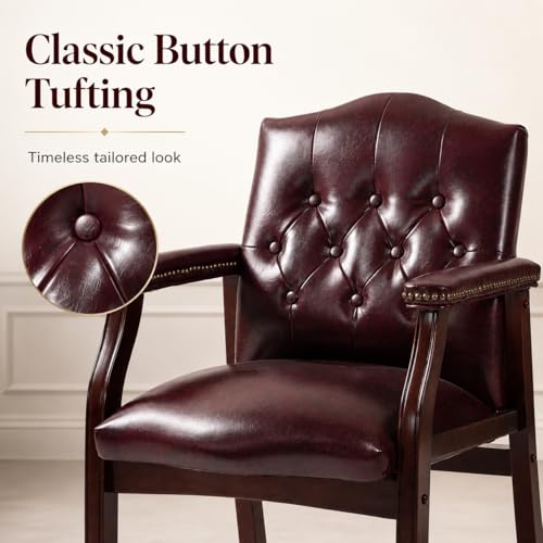 Elyveont Burgundy Leather Office Reception Chair No Wheels with Arms, Guest Waiting Room Chairs with Padded Seat, Executive Side Lobby Chair for Conference, Church, Pastors