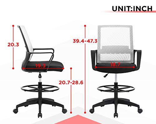 Drafting Chair Tall Office Chair Mesh Ergonomic Mid-Back Desk Chair with Adjustable Foot Ring for Executive Computer Standing Desk (White)