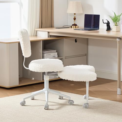 Ergonomic Cross Legged Office Chair, Adjustable Height Seat, Wheels with Lumbar Support, Meditation ADHD Yoga Chair for Fidgety Sitters (Faux Fur, Beige)