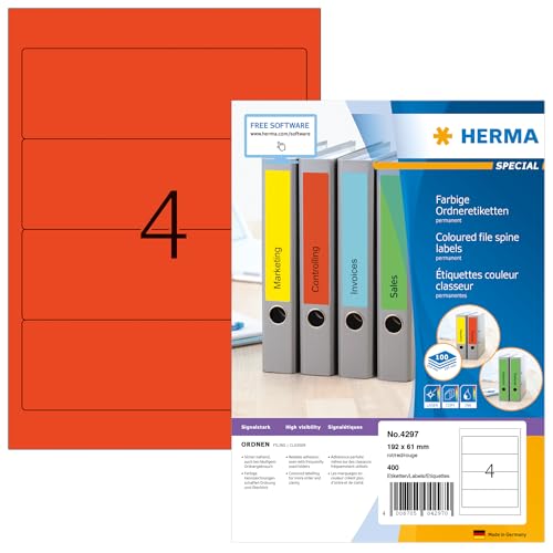 HERMA 4297 Self Adhesive Spine Labels, 4 Labels per A4 Sheet, 100 Sheets, 192 x 61 mm, 400 Labels, Blank Lever Arch File Folder Labels Stickers, Sticky Labels for Laser & Inkjet Printer, Red