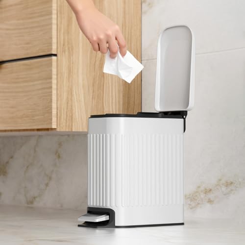 TrashAid Slim Bathroom Trash Can with Lid Soft Close & Pedal, 1.6Gal, White