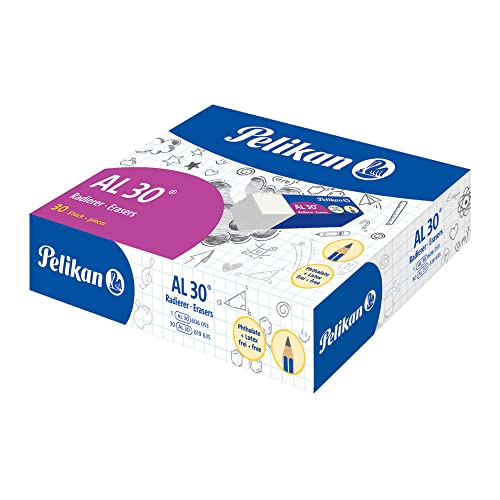 Pelikan Erasers, AL 30, White Eraser, for Graphite Pencils, Technical and Artistic Design, Suitable for Children, Pack of 30, Size 43x17x12 mm