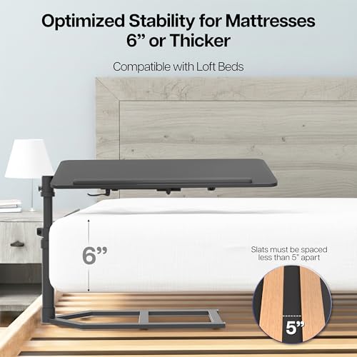 Height Adjustable Under Mattress 30 inch Bedside Desk, Works with Lofts and Beds Without Frames, Tilting Desktop, Fits Laptops, Books, and More, Black