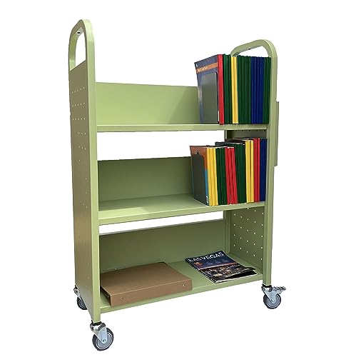 Workington Rolling Book Truck Book Cart with 3 Flat Shelves, Library Book Cart with Swivel Lockable Casters 3001 Apple Green