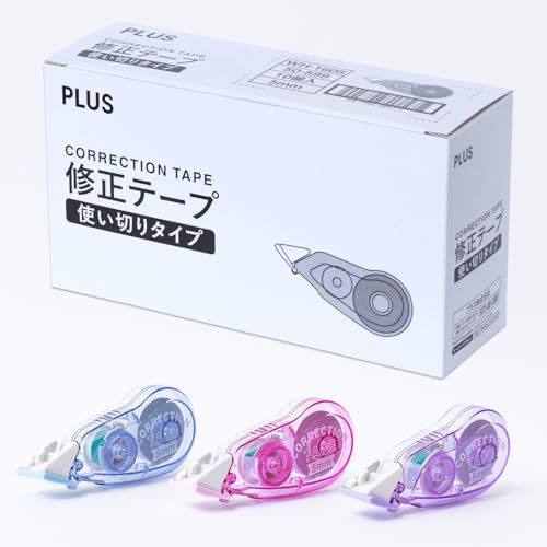 Plus WH-1605 WH-1605 Correction Tape, 3 Color Assortment, Pink, Blue, Single Use Type, 0.2 inches (5 mm x 8 m), Pack of 10