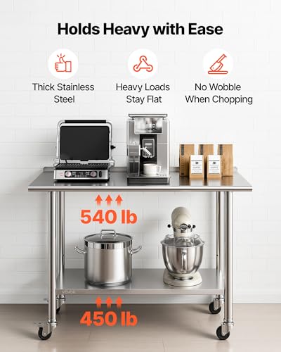 VEVOR Stainless Steel Work Table, 24x48 inch Food Prep Table with Wheels, Commercial Kitchen Workstation with Adjustable Undershelf, Metal Heavy Duty Utility Worktable, for Restaurant Home Outdoor