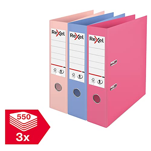 Rexel Pastel Plastic A4 Lever Arch Files, 3-Pack (Pink, Blue, Peach), Patented No.1 Power Mechanism, FSC Certified, Replaceable Spine Labels, Ring Binder, Archiving & Home Office File Organizer
