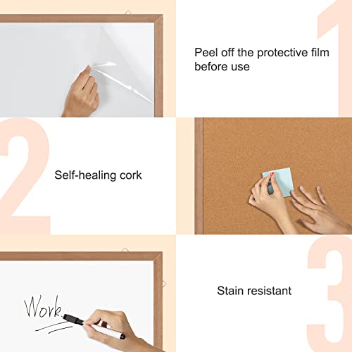 Combination Magnetic Whiteboard Cork Bulletin Board, 36x24 Inches Combo Dry Erase White Board Cork Pin Board for Wall with Natural Wood Frame…