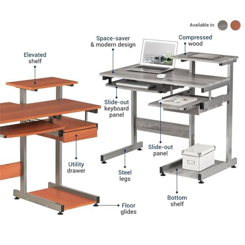 Pemberly Row Contemporary Wood/Steel Computer Desk, 38" W x 22" D x 30" H, Mahogany Finish, MDF and Steel Construction, Pull-Out Keyboard Tray, Printer and Scanner Shelves, Home Office Desk