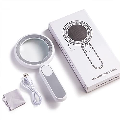 QPZK 30X Handheld Magnifying Glass with 21 LED Light, Rechargeable Illuminated Lighted Magnifier, 120mm Reading Magnifier for Seniors Read,Coins,Stamps,Map,Inspection Black