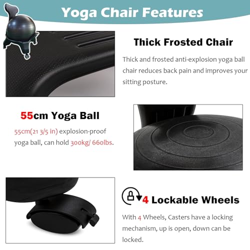piudoiliy Yoga Ball Chair,Inflatable Balance Exercise Seat, for Core Strength,Office, Physiotherapy (Black)