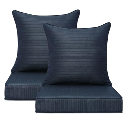 Unimatta Outdoor Patio Chair Cushions Set, 24" x 24"(24x24 Back), Set of 2, Water-Repellent, Fade Resistant, Deep Seat Bottom and Back Cushion for Backyard, Couch, Sofa, Dark Blue Linen