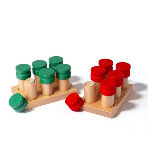 Montessori Smelling Bottles Empty - 6 Pair Set Beechwood, Montessori Sensorial Materials for Kids, Olfactory Sensory Toys for Homeschool Preschool, Wooden Smell Jars with Guide for Natural Scents
