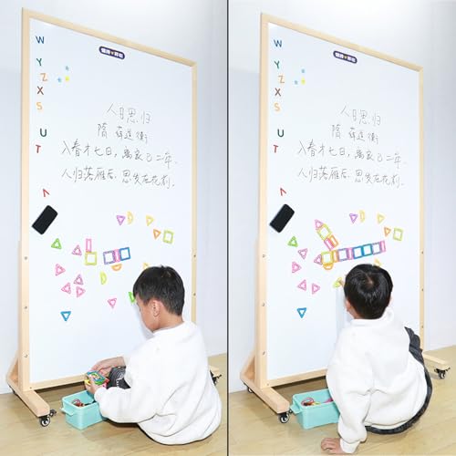 Double Sided White Board Magnetic, Rolling Whiteboard on Wheels, Dry Erase Board with Stand, Standing Whiteboard(Natural,90x120cm/35x47in)