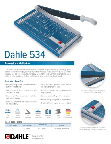 Dahle 534 Professional Guillotine Trimmer, 18" Cut Length, 15 Sheet Capacity, Self-Sharpening, Manual Clamp, German Engineered Paper Cutter