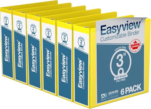 Easyview 3-Ring Binder, Clear-View Cover, 3" Round Rings, Yellow, 6 Pack
