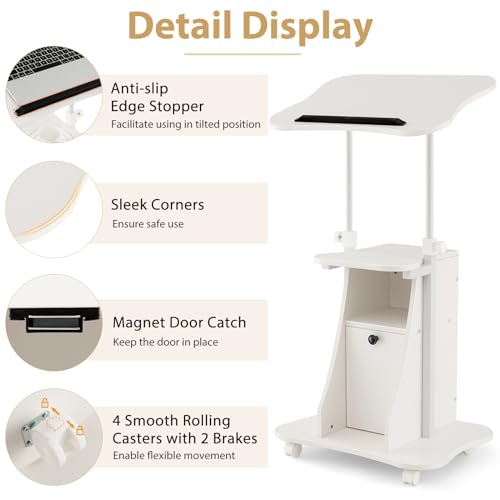 Tangkula Mobile Laptop Podium, Height Adjustable Sit to Stand Desk with Tilting Desktop & Storage Cabinet, Ergonomic Rolling Lectern Cart Laptop Desk, Office Podium Stand on Wheels