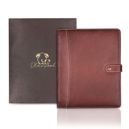 DHAMPOOH Genuine Leather Portfolio – Red Brown Professional Organizer & Resume Folder, Antique Leather Business Document Padfolio with Writing Pad, Ideal Gift for Men & Women