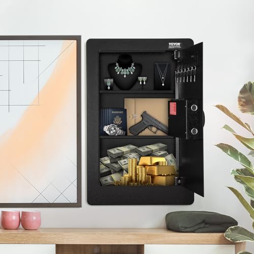 VEVOR 25.59" High Concealed Wall Safe, Keypad Access 3-Level Security Safe, Includes 3 Adjustable Shelves & 6 Hooks, Made of Durable Q235 Steel, Features LED Lighting & Alert System for Valuables