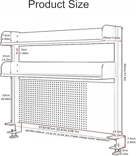 RNQZ Clamp on Desk Organizer Shelf, Desktop Organizer, Desk Extender Pegboard Workstation, 2-Tier Shelving Unit with Pegboard for Table Accessories, Gaming Devices,White,60cm/23.6in