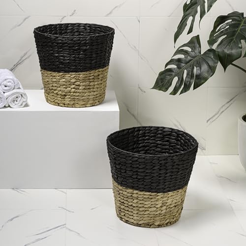 happimess Toby 3.1 Gal Water Hyacinth Wastebasket, Black/Natural, Set of 2