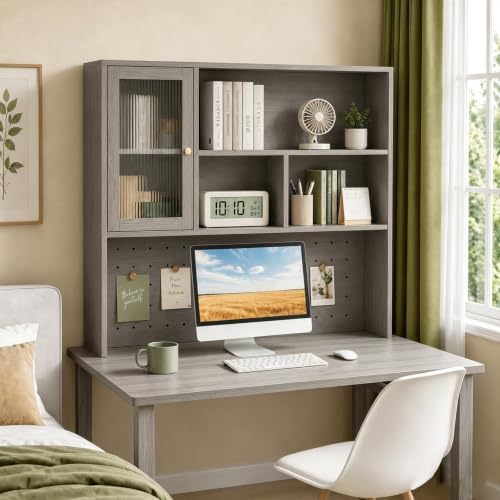 LINLIUA Desktop Bookshelf, Desk Hutch Dorm with Pegboard, Desk Shelves for Top of Desk, Wood Desktop Storage Rack with Cabinet Door, Countertop Bookcase for Office Dorm Home Study