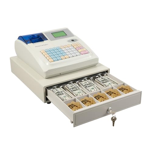 Lumicasaler Electronic Cash Register, 48 Keys Cash and Coin Drawer with LCM Screen and LED Display, Quick Load Thermal Printer for Retail Stores, Restaurant (White)