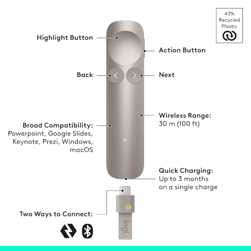 Logitech Spotlight 2 Presentation Remote Wireless Clicker Haptics - Sand