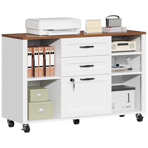 kepptory 3 Drawer Wood Mobile Large lateral File Cabinet with Lock, Lockable Rolling Filing Cabinet with Open Storage Shelves, Printer Stand Office Storage for Home Office Fits Files Legal/A4, White