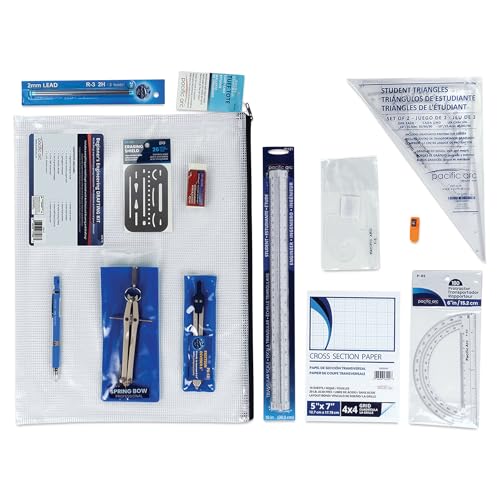 Pacific Arc Engineer Kit 13-Piece Drawing Set – Paper, Lead Holder, Triangular Scale, Erasing Shield, Protractor, Triangle Set, and Drawing Compass for Students