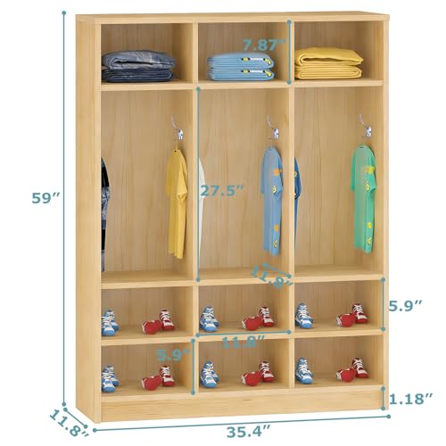 LHIUGE 3-Section Classroom Coat Locker,Kids Cubby Storage Organizer with 9 Cubbies,Wooden Lockers with 6 Hooks,Classroom Cubbies for Home, Office, School, Kindergarten