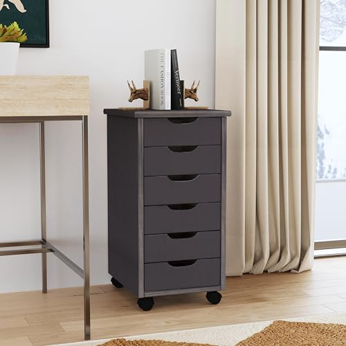 Linon Home Decor Products Corinne Six Drawer Storage, Grey Rolling Cart