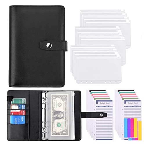 ONMYJFD A6 PU Leather Budget Binder Cash Envelopes Organizer with 12 Pcs Binder Pockets,Budget Sheets,Sticker Sheets for Money Saving(Black)