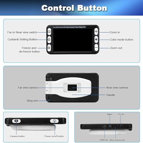 5 Inch Portable Digital Video Magnifier,Handheld Electronic Reading Aid with 2x-48x Zoom,26 Colour Modes,/av Output for Low Vision and Elderly,Black
